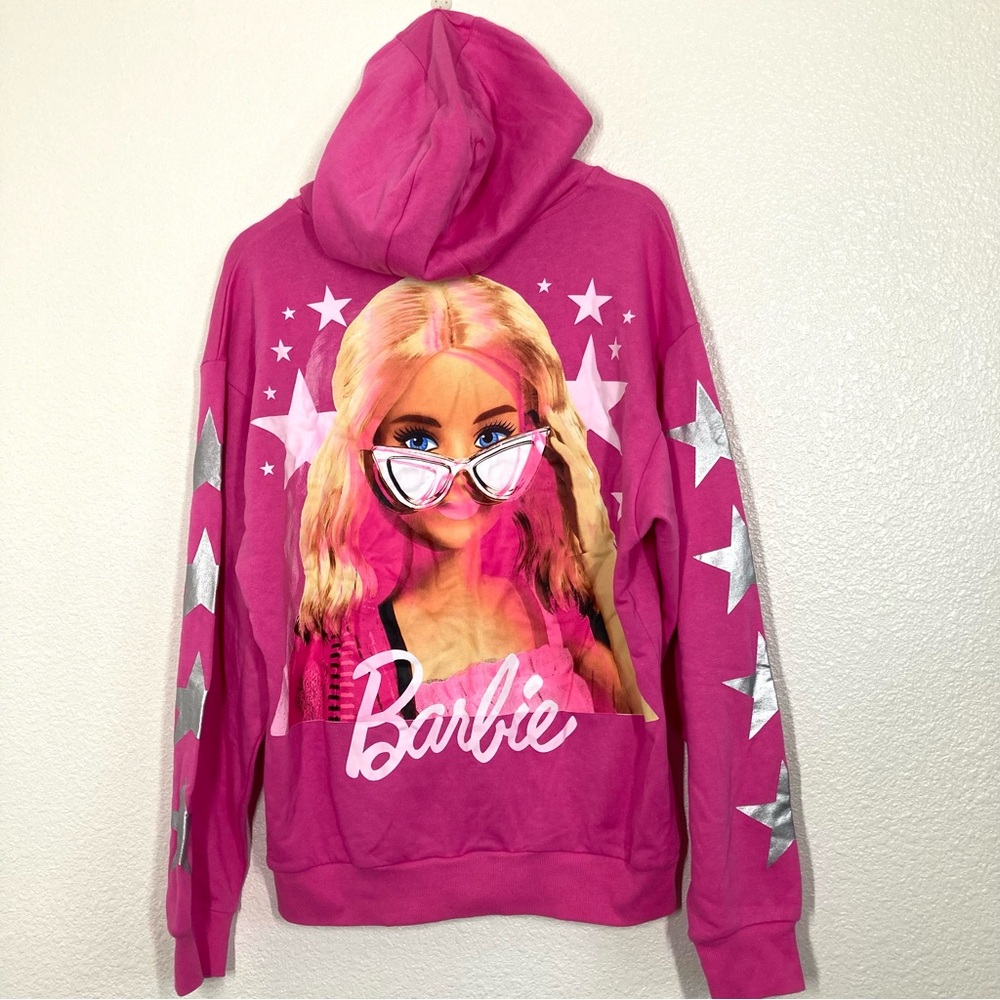 Barbie Hoodie Womens Large Zip Up Star Graphic Sweatshirt Hooded Jacket NWT pink
